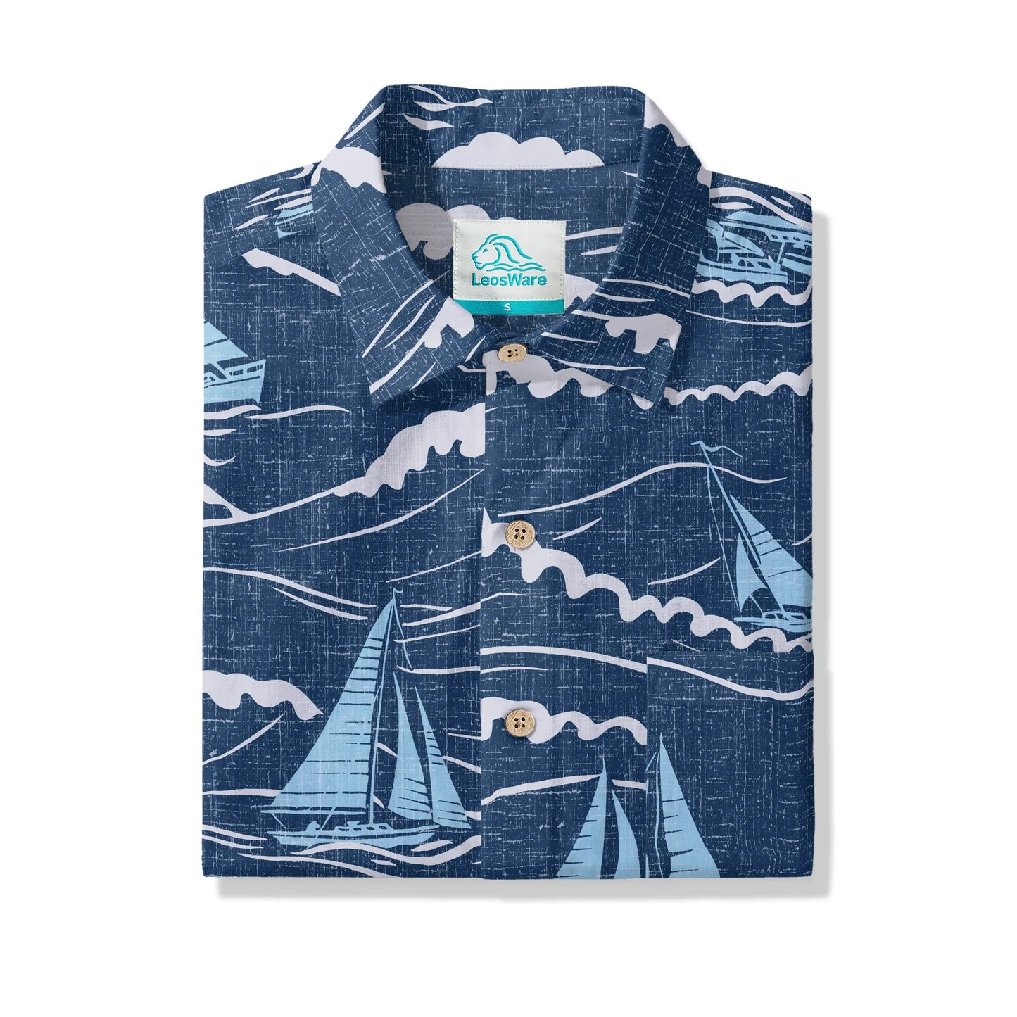 LeosWare® Sailboat Men's Hawaiian Shirt Short Sleeve Button-up 100% Cotton Blue Aloha Blue Sail Adventure