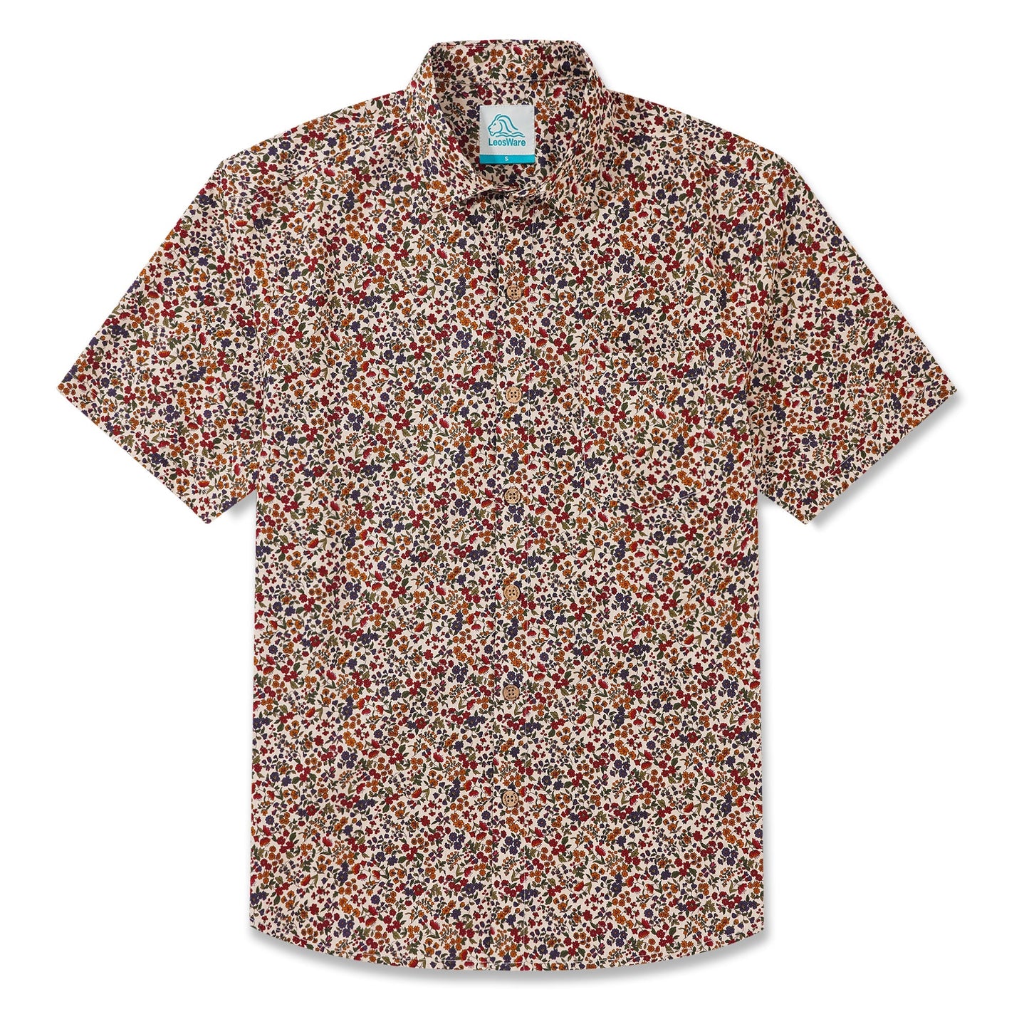LeosWare® Men's Hawaiian Shirt Short Sleeve Button-up 100% Cotton Red Aloha Colorful Countryside Small Floral Pattern Painting