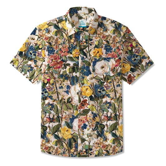 LeosWare® Men's Hawaiian Shirt Short Sleeve Button-up 100% Cotton Green Aloha Impressionist Floral Art