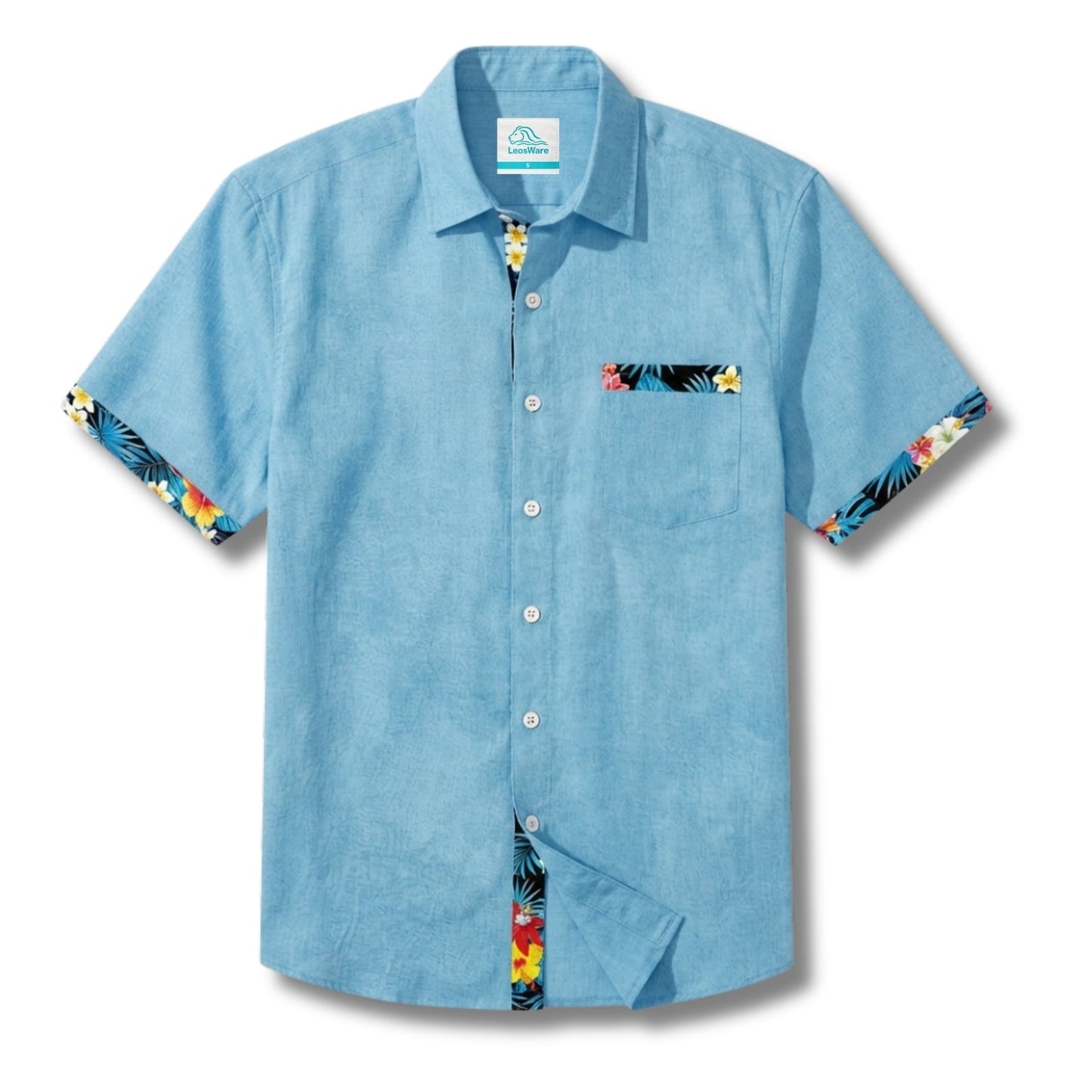 LeosWare® Men's Hawaiian Shirt Short Sleeve Button-up Breathable & Quick-Dry Aloha Floral Patchwork Solid Color