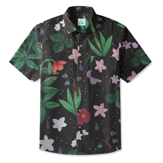 LeosWare® Men's Hawaiian Shirt Short Sleeve Button-up 95% Polyester, 5% Spandex Aloha Midnight Meadow