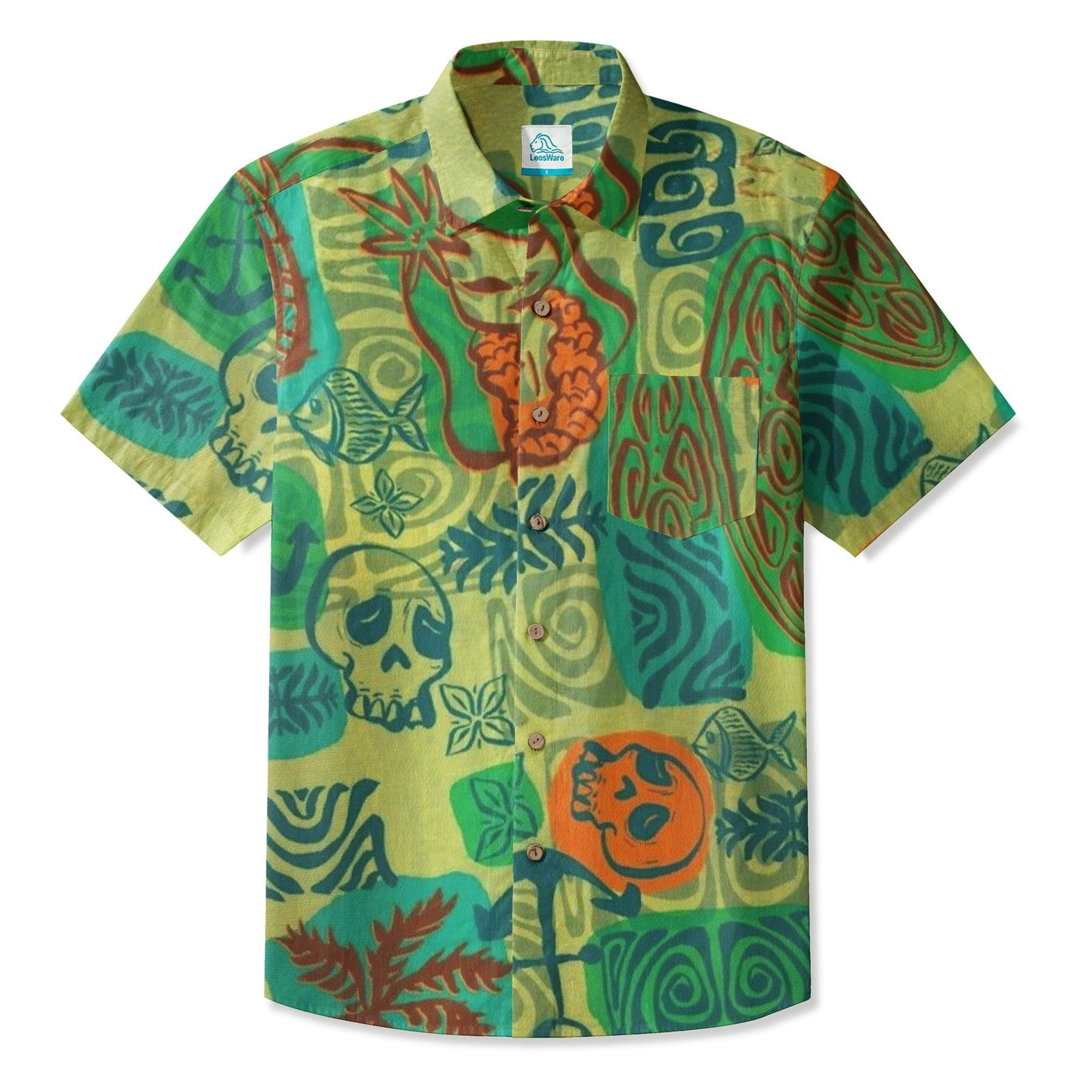 LeosWare® Men's Hawaiian Shirt Short Sleeve Button-up Breathable & Quick-Dry Aloha Skull Tiki