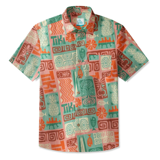 LeosWare® Men's Hawaiian Shirt Short Sleeve Button-up Breathable & Quick-Dry Aloha Tikii Tiles