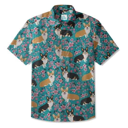 LeosWare® Men's Hawaiian Shirt Short Sleeve Button-up Breathable & Quick-Dry Aloha Corgi Blossom