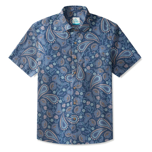LeosWare® Men's Hawaiian Shirt Short Sleeve Button-up 95% Polyester, 5% Spandex Aloha Indigo Dust