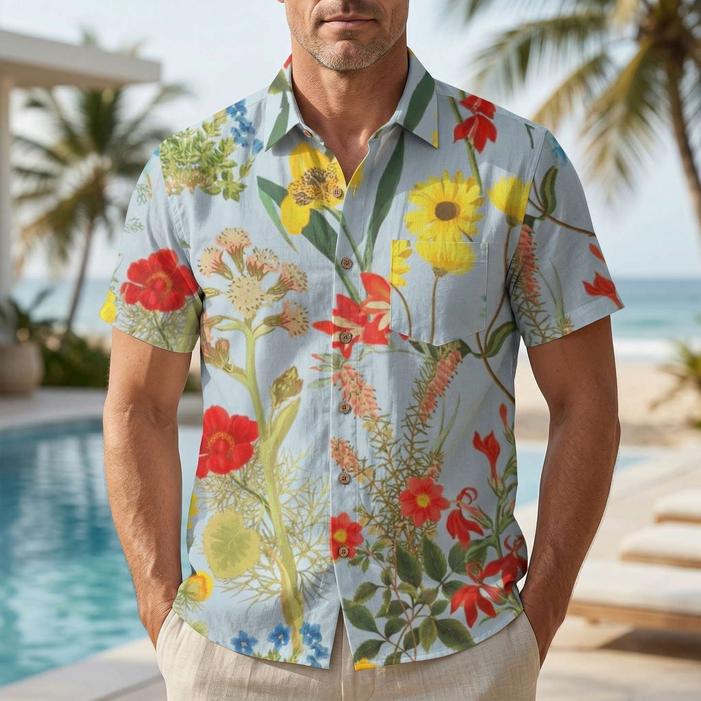 LeosWare® Men's Hawaiian Shirt Short Sleeve Button-up 95% Polyester, 5% Spandex Aloha Floral Drift