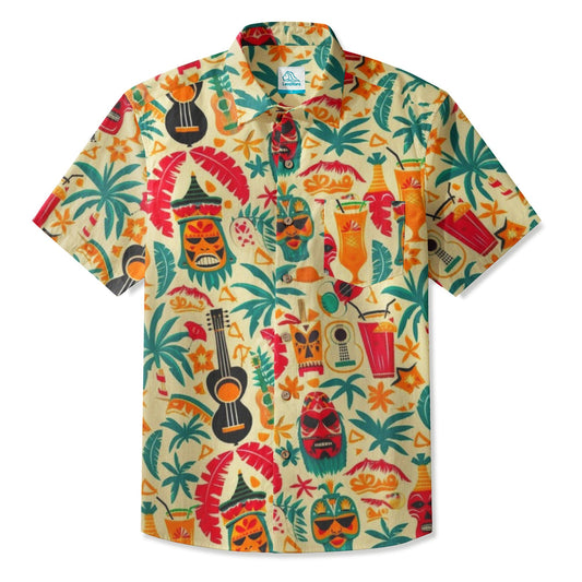 LeosWare® Men's Hawaiian Shirt Short Sleeve Button-up 95% Polyester, 5% Spandex Aloha Tropical Rhythms