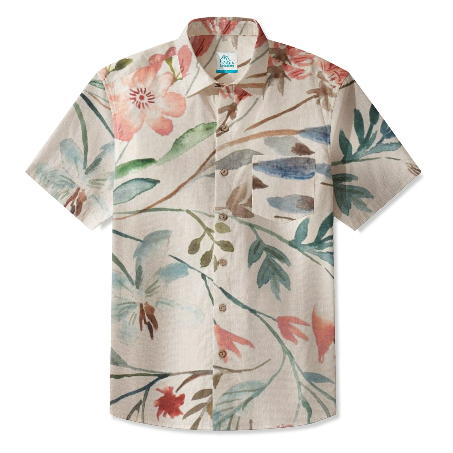 LeosWare® Men's Hawaiian Shirt Short Sleeve Button-up 95% Polyester, 5% Spandex Aloha Blossom Of Dust
